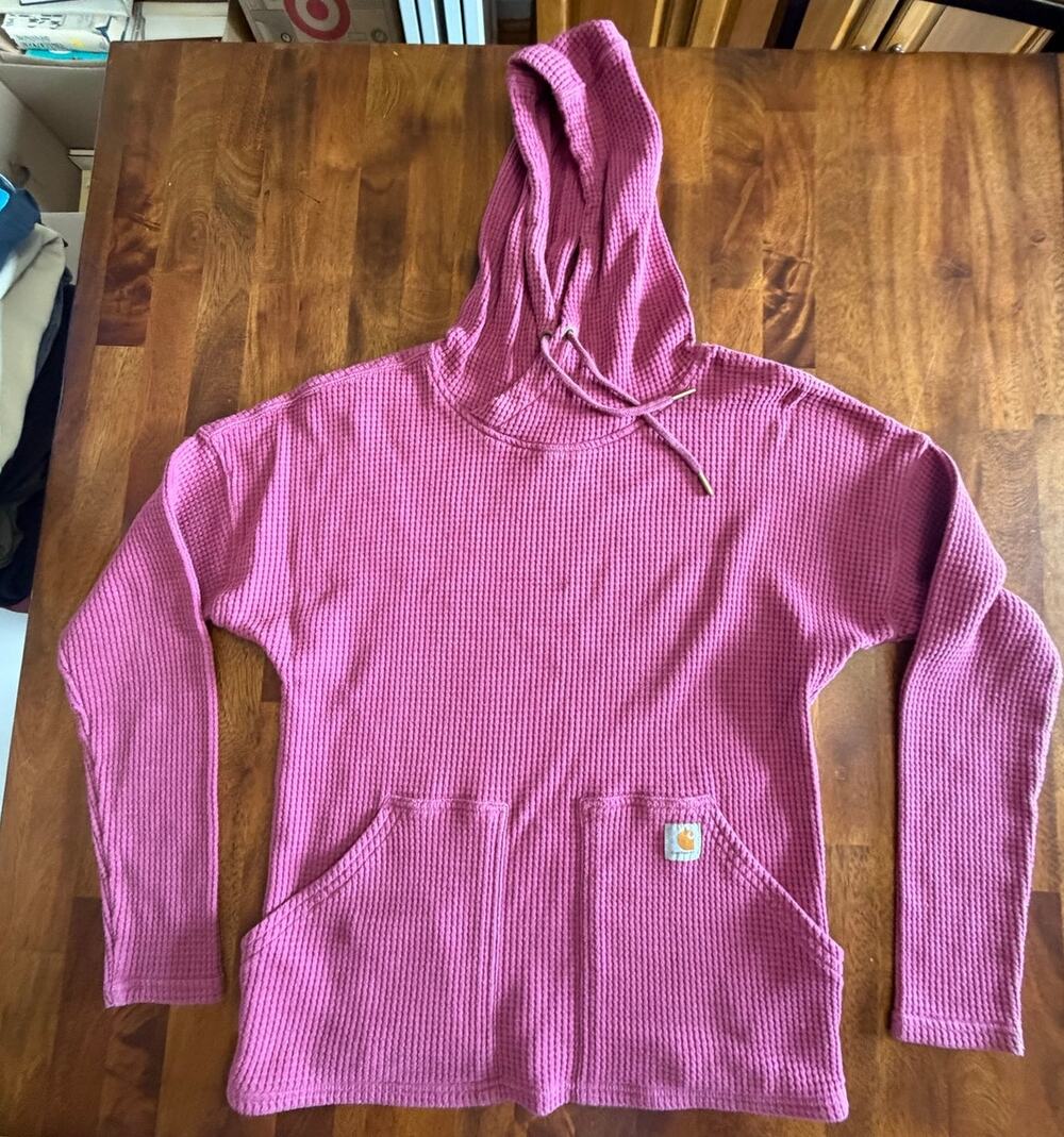 Carhartt Womens S Pink Waffle Knit Relaxed Fit Pullover Hoodie Kangaroo Pocket